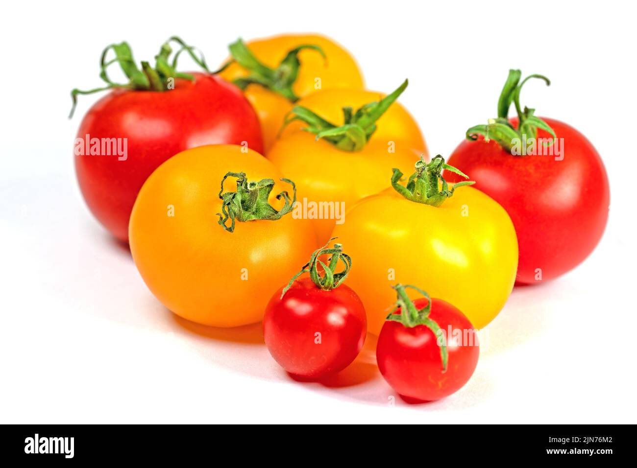 Red and yellow tomatoes in front of white background Stock Photo - Alamy