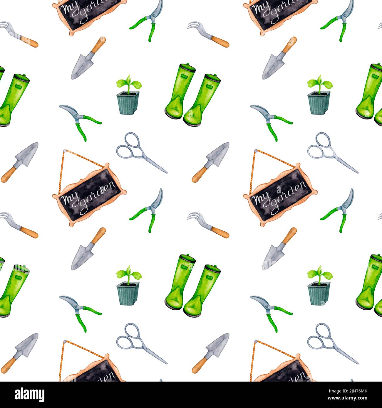 Seamless pattern with colorful illustrations of garden tools and other ...