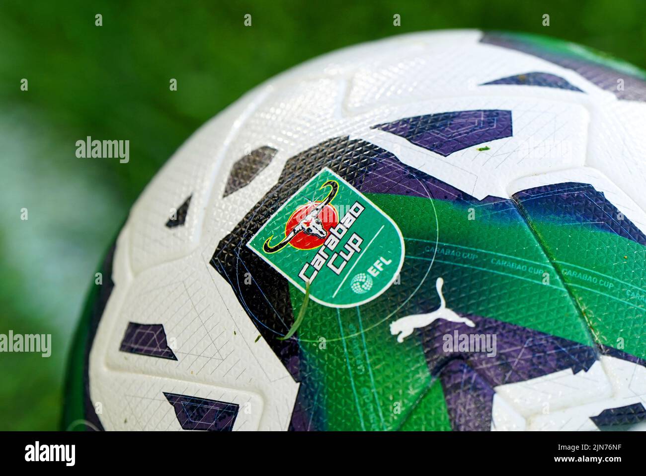 A detailed view of a Carabao Cup logo on a ball ahead of the Carabao
