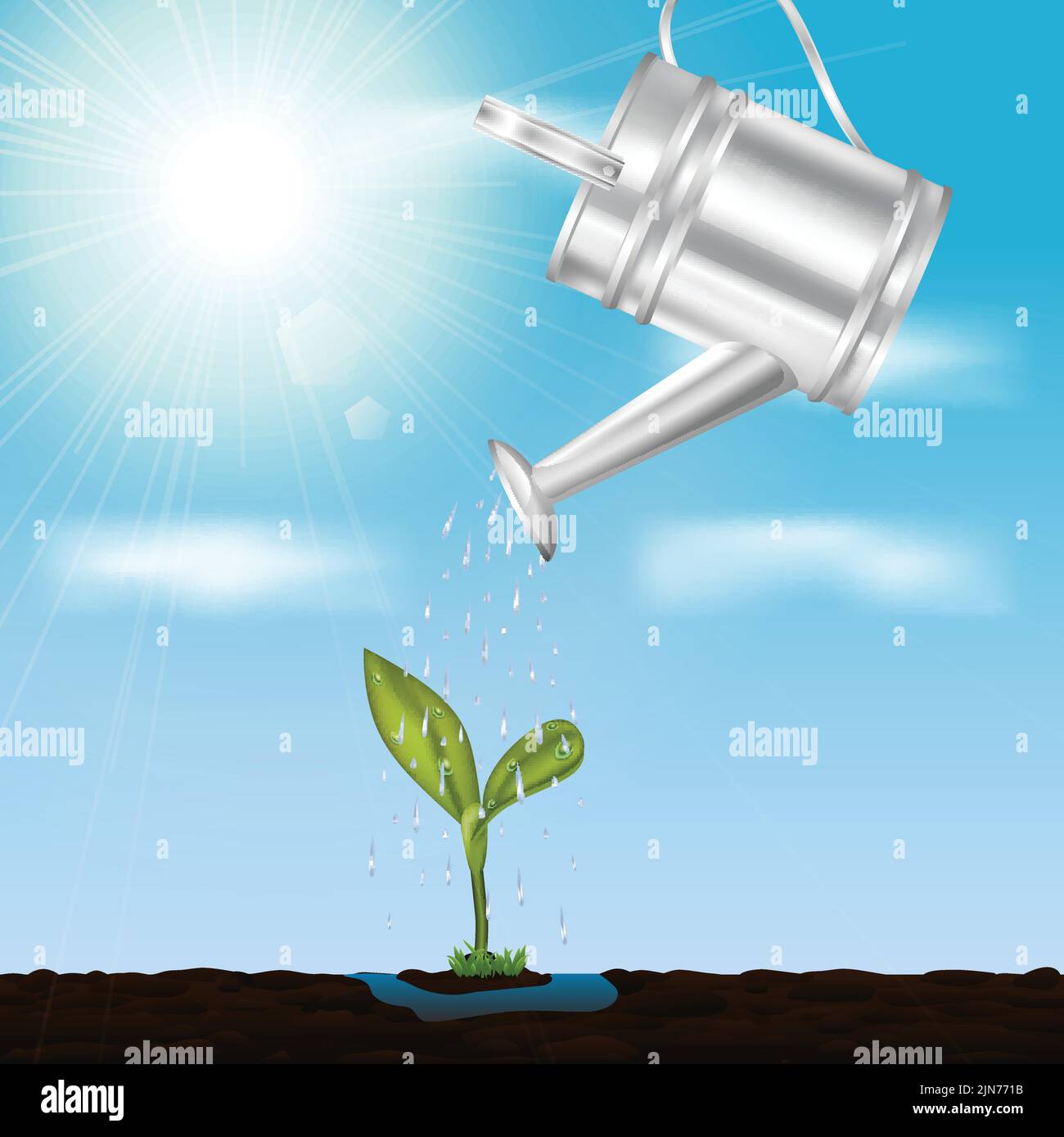 Spring Time Sprout Young growing sprout in springtime design concept with metal watering ...