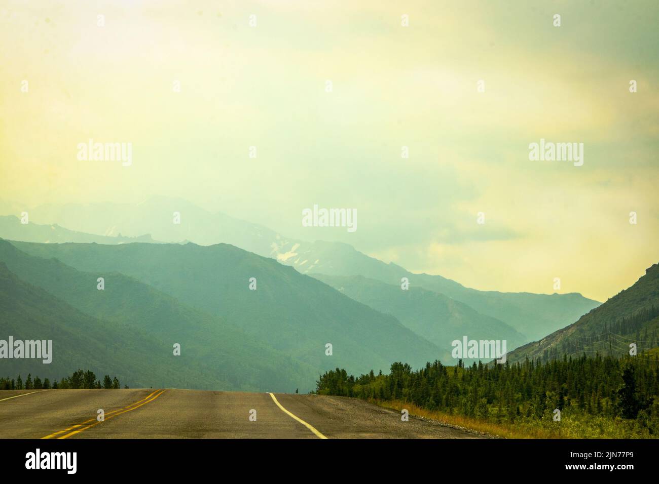 Driving into the misty mountains of Alaska USA near Denali - Two lane blacktop surrounded by pine trees Stock Photo