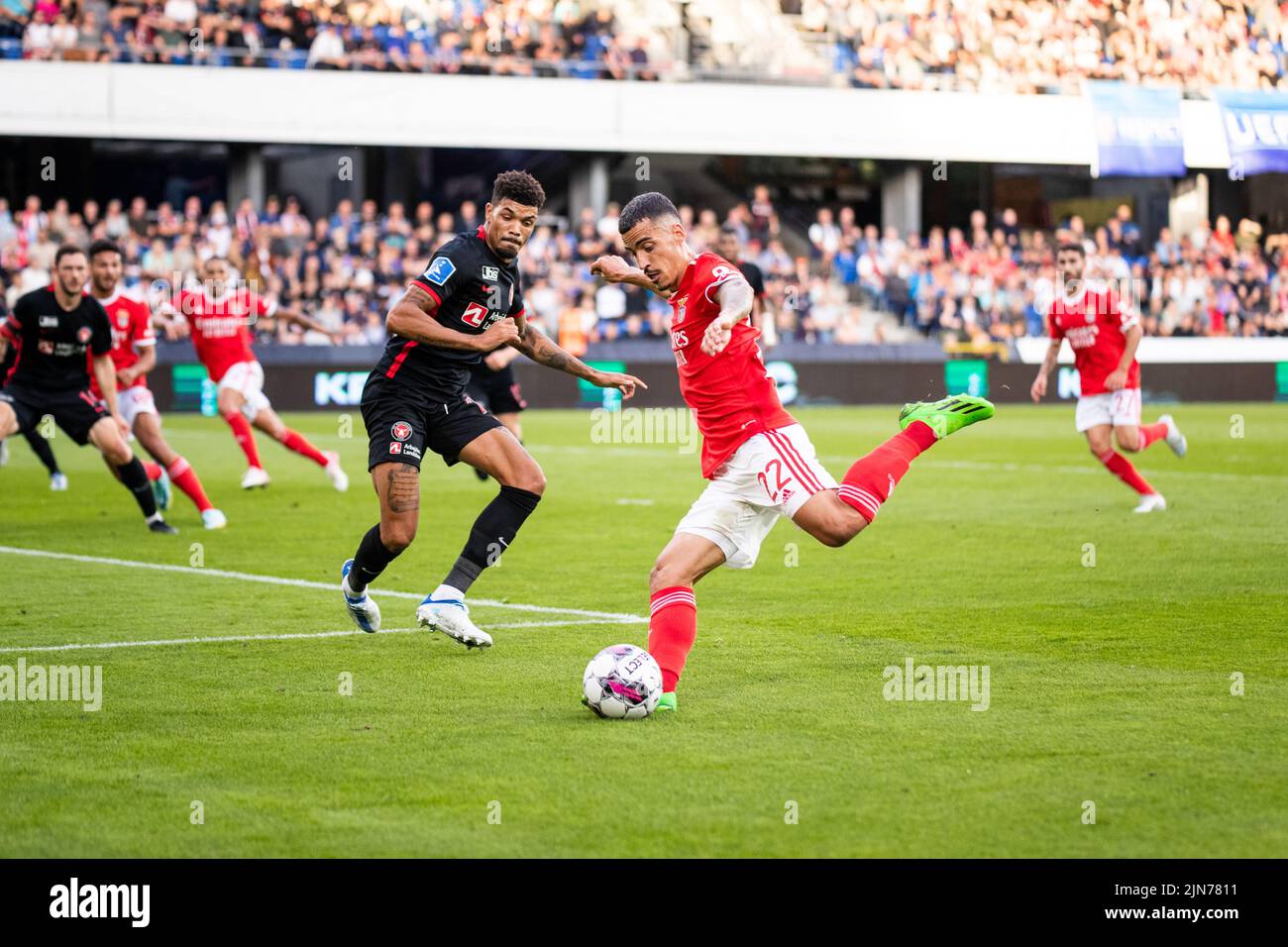 Randers, Denmark. 09th Aug, 2022. Chiquinho (22) of Benfica seen during the UEFA Champions League qualification match between FC Midtjylland and Benfica at Cepheus Park in Randers. (Photo Credit: Gonzales Photo/Alamy Live News Stock Photo