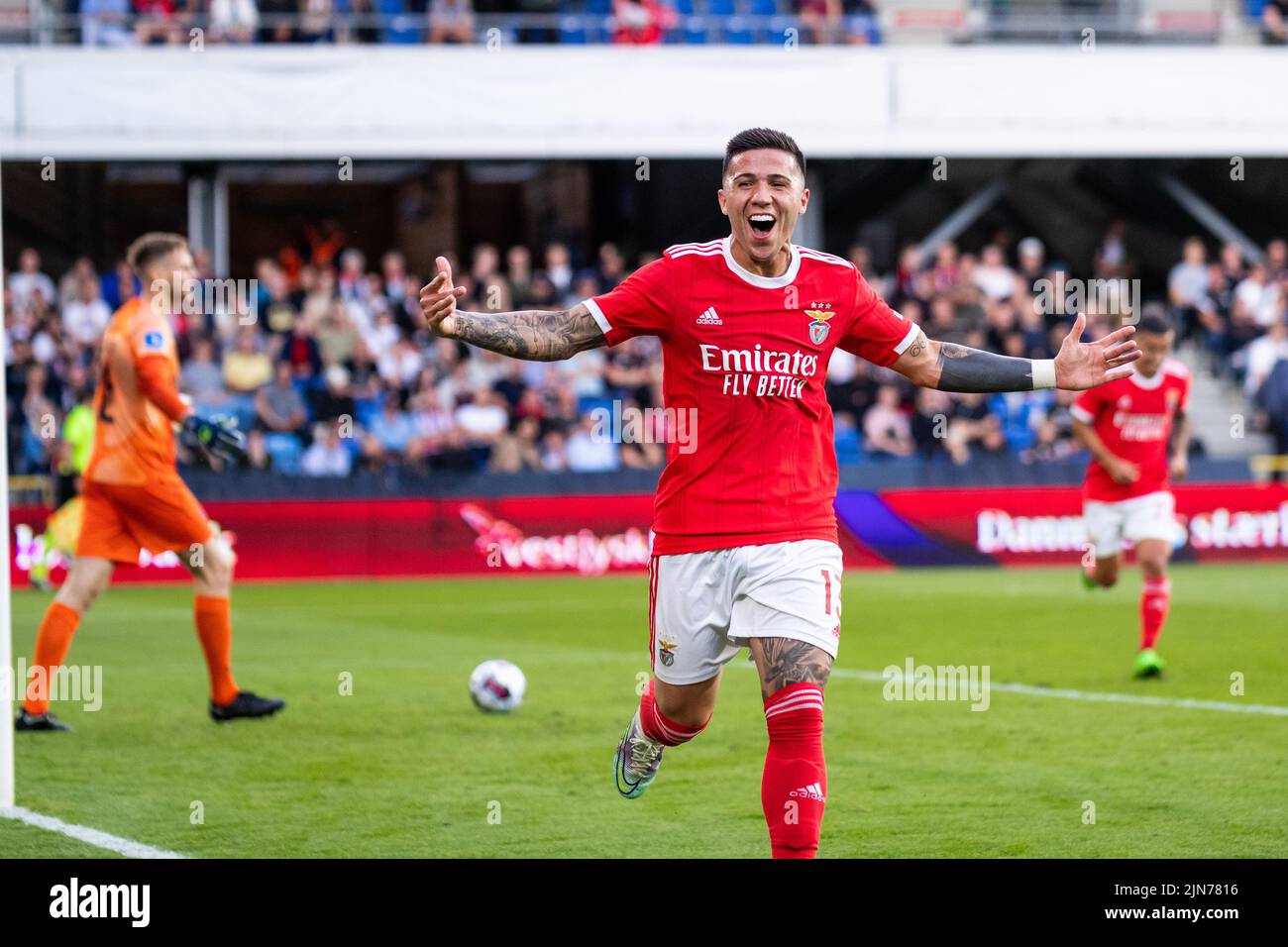 Randers, Denmark. 09th Aug, 2022. Enzo Jeremias Fernandez (13) of Benfica scores for 0-1 during the UEFA Champions League qualification match between FC Midtjylland and Benfica at Cepheus Park in Randers. (Photo Credit: Gonzales Photo/Alamy Live News Stock Photo