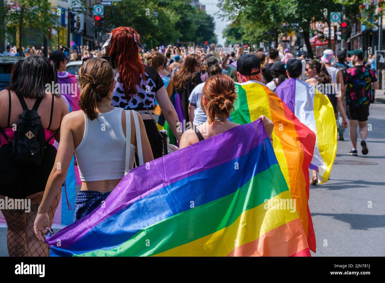 Montreal, CA - 7 August 2022: Many people take part in spontaneous gay pride march after official pride parade was cancelled Stock Photo