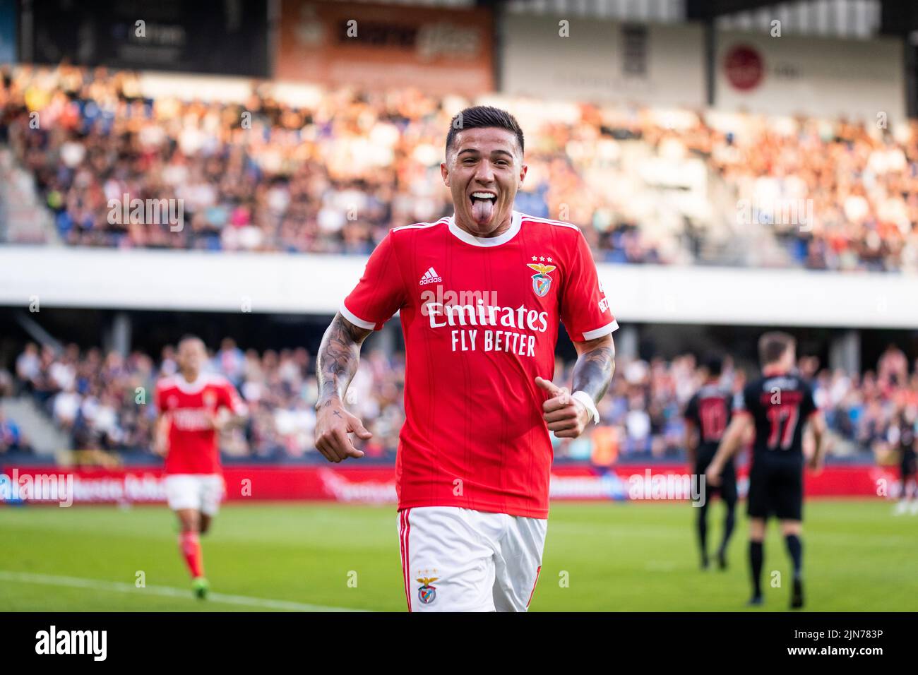 Randers, Denmark. 09th Aug, 2022. Enzo Jeremias Fernandez (13) of Benfica scores for 0-1 during the UEFA Champions League qualification match between FC Midtjylland and Benfica at Cepheus Park in Randers. (Photo Credit: Gonzales Photo/Alamy Live News Stock Photo