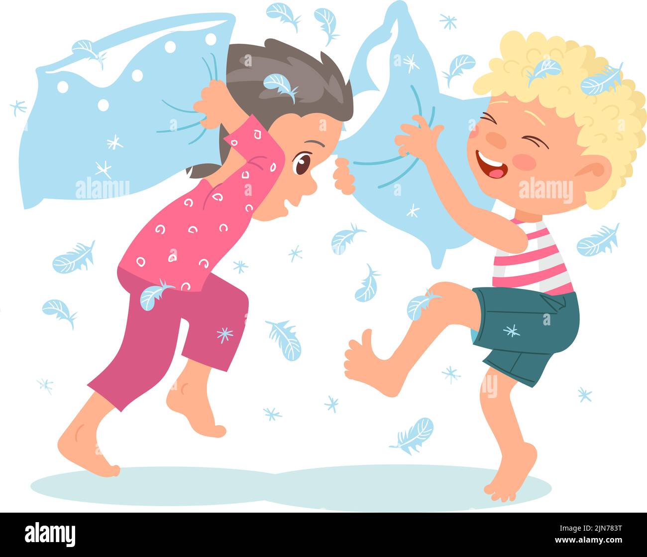 Kids destroy. Children bad behavior. Hyperactive boys fight with pillows. Destructive games. Home mess. Flying feathers. Friends playing together Stock Vector