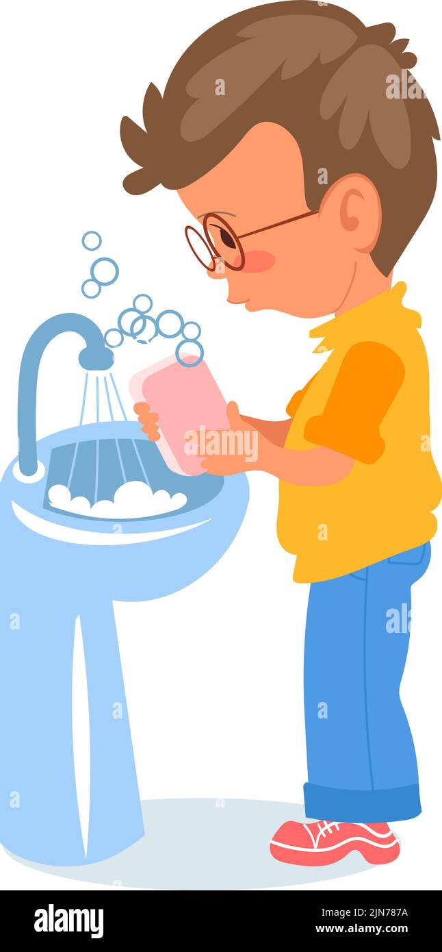 Cute boy in glasses holding soap. Kid handwashing Stock Vector