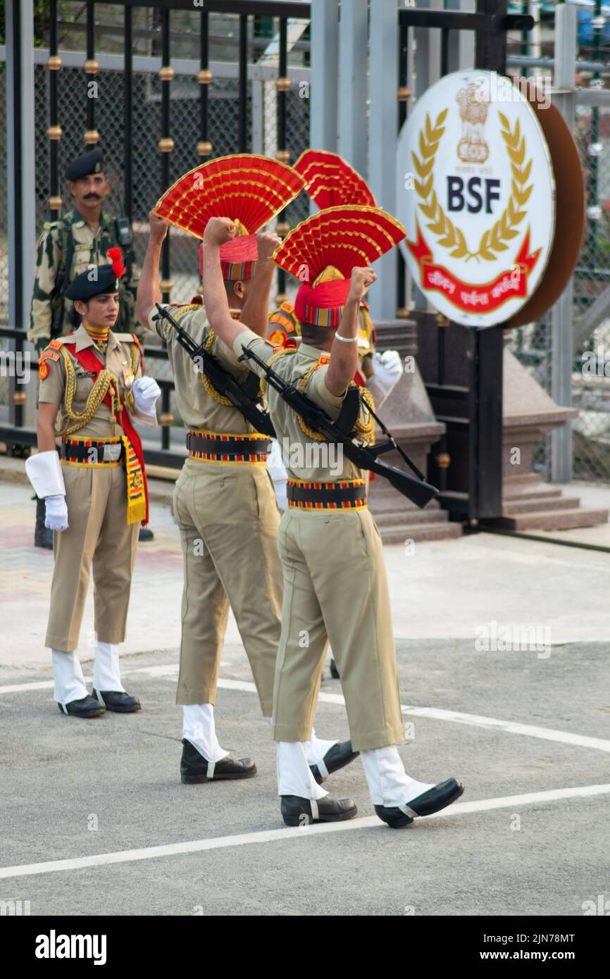 A vertical shot of Indian soldiers during the Wagah-Attari border ...