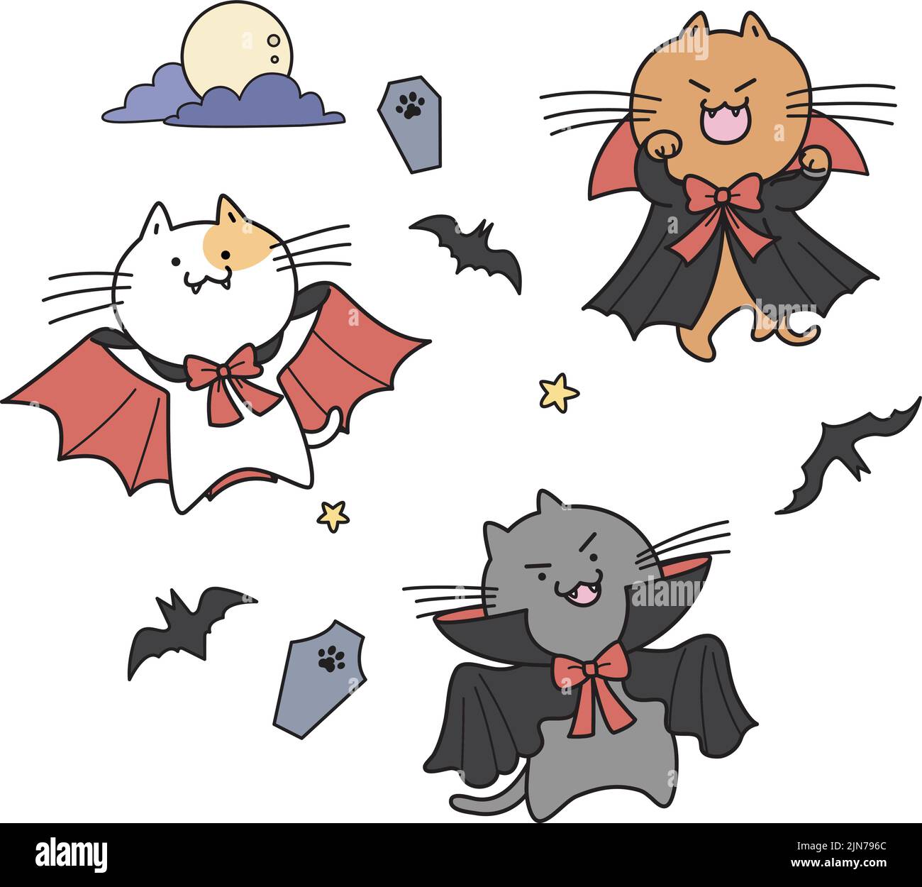 Set of cute halloween vampires cats vector. Cartoon cats dressed with vampire costume. Stock Vector