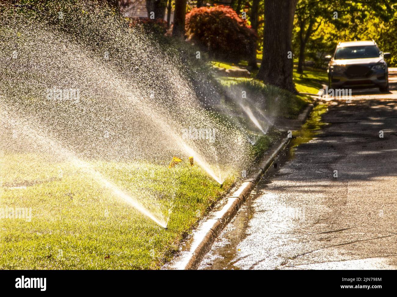 Sprinklers running in residential neighborhood with shady street with car parked in background - selective focus Stock Photo