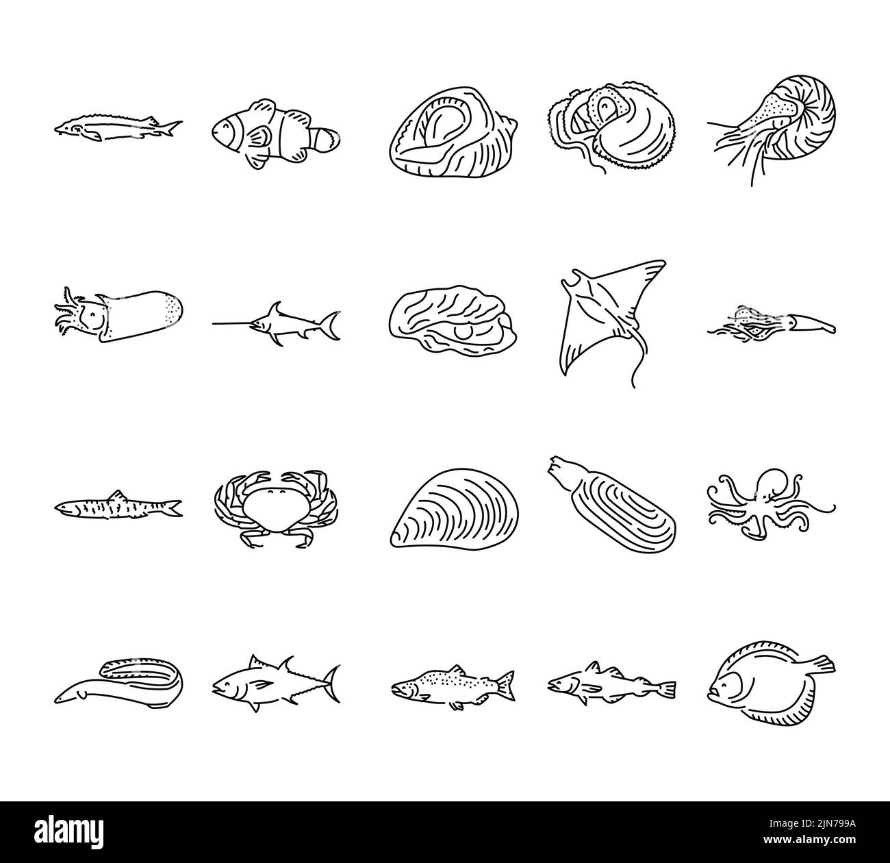 Sea fishes and shellfishes line icons set. Isolated vector element. Outline pictograms for web page, mobile app, promo. Editable stroke. Stock Vector