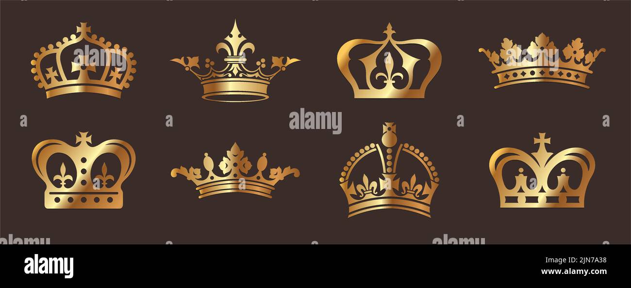 A set of vintage vector gold crown decorative ornament icons and medallions. Stock Vector