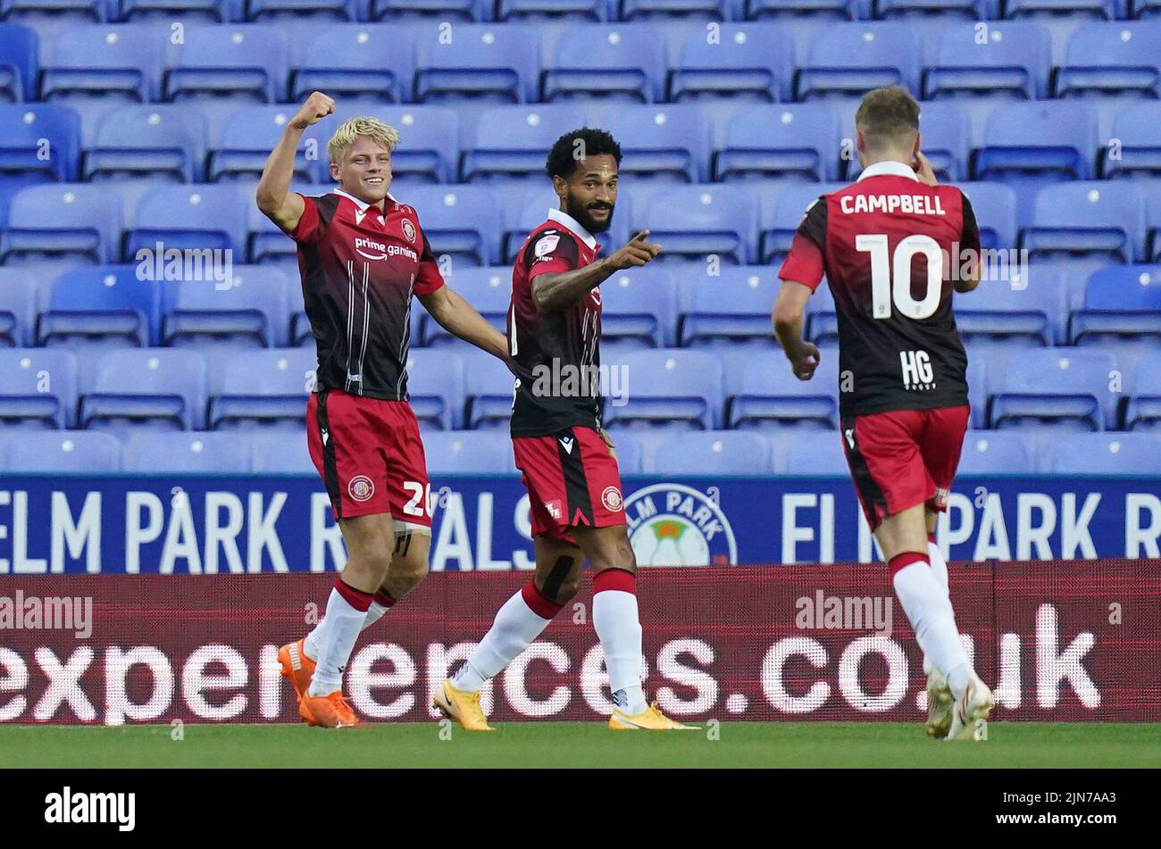 Reading's Saxon Earley (left) celebrates scoring their side's first goal of the game during the Carabao Cup, first round match at the Select Car Leasing Stadium, Reading. Picture date: Tuesday August 9, 2022. Stock Photo