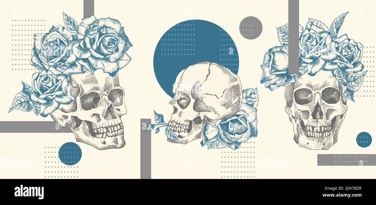 Collage vintage human skull with wreath flowers roses. Zine Culture style banner. Hipster barber shop concept. Tattoo, t-shirt design. Realistic hand Stock Vector