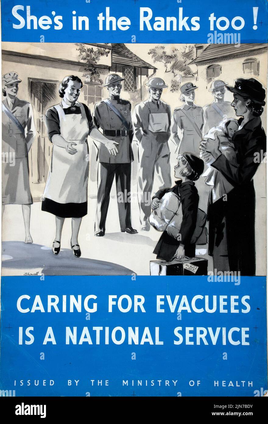 She’s in the Ranks too! Caring for evacuees is a national service, Issued by the Ministry of Health (1939 - 1946) British World War II era poster by Showell Stock Photo