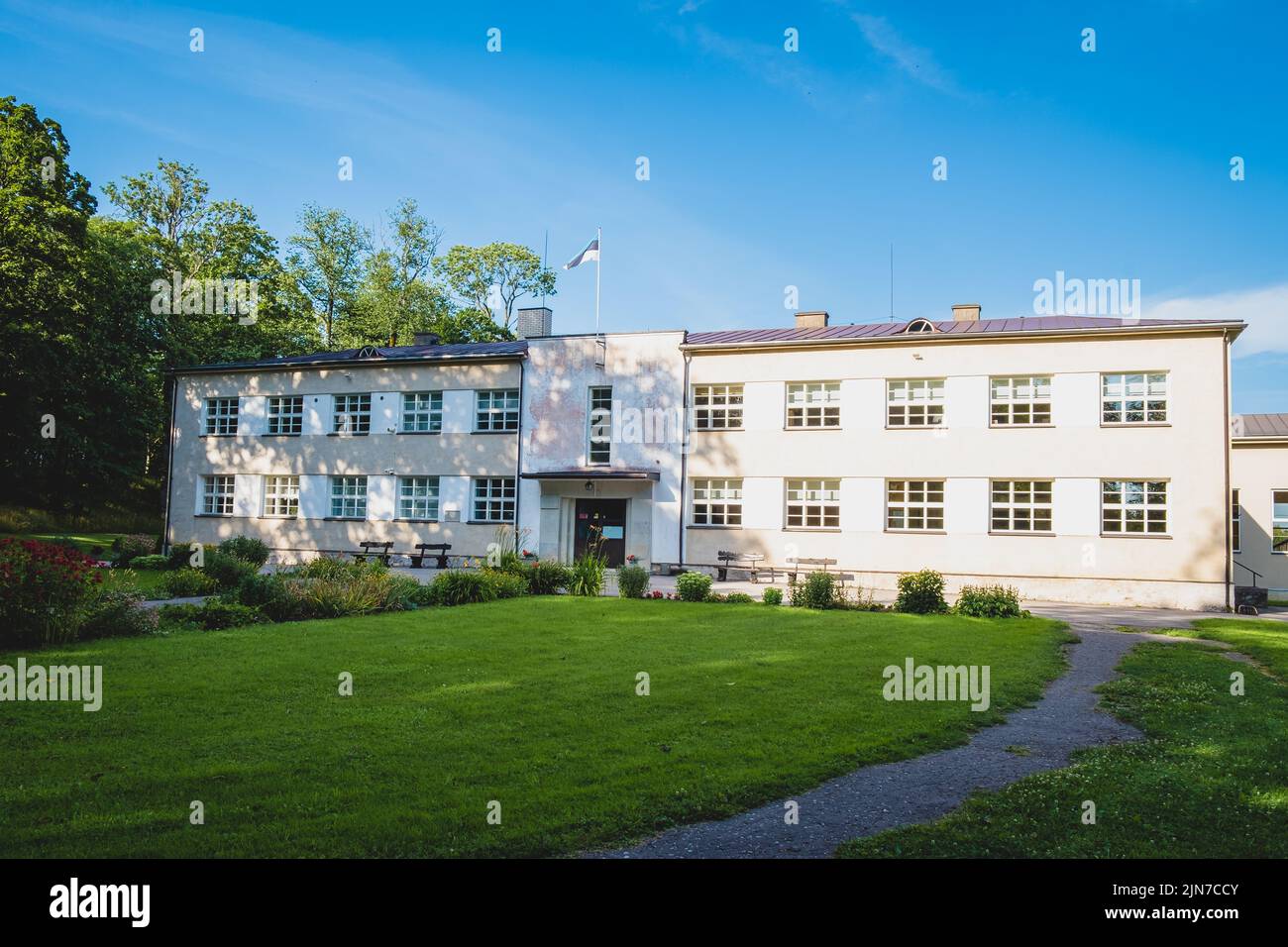 Kaali kool (School of Kaali) is a kindergarten and primary school in Kaali village, Saaremaa municipality, Saare county. School building in country Stock Photo