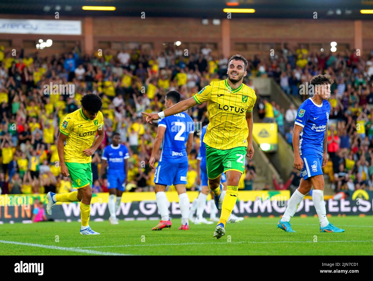 Norwich City's Danel Sinani celebrates scoring their side's first goal of the game during the Carabao Cup, first round match at Carrow Road, Norwich. Picture date: Tuesday August 9, 2022. Stock Photo