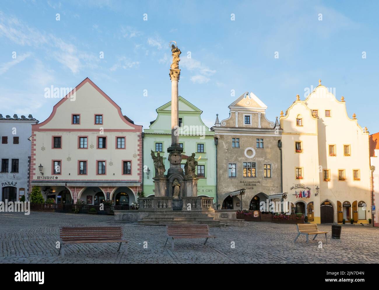 Cesky Krumlov, Czech Republic (7th August 2022) -  View of Svornosti Square the main central square in the old town with its hexagonal stone fountain Stock Photo