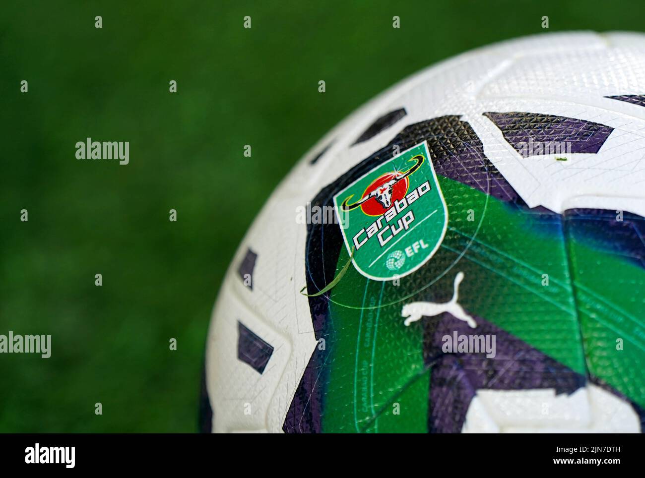 A detailed view of a Carabao Cup logo on a ball ahead of the Carabao Cup, first round match at Carrow Road, Norwich. Picture date: Tuesday August 9, 2022. Stock Photo