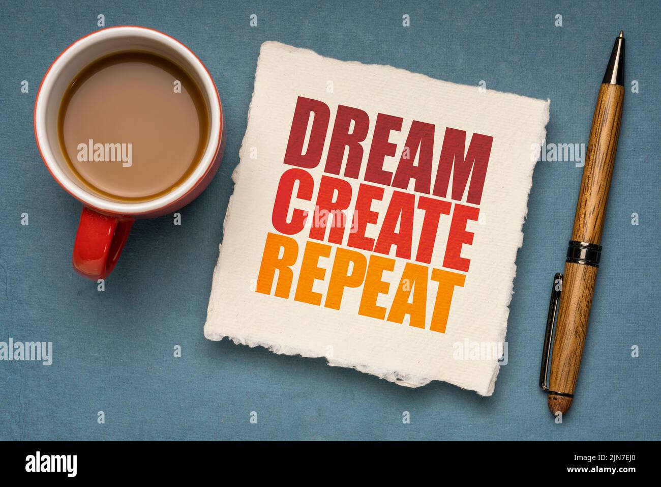 dream, create, repeat inspirational concept- word abstract on a square sheet of paper with a cup of coffee, personal development concept Stock Photo
