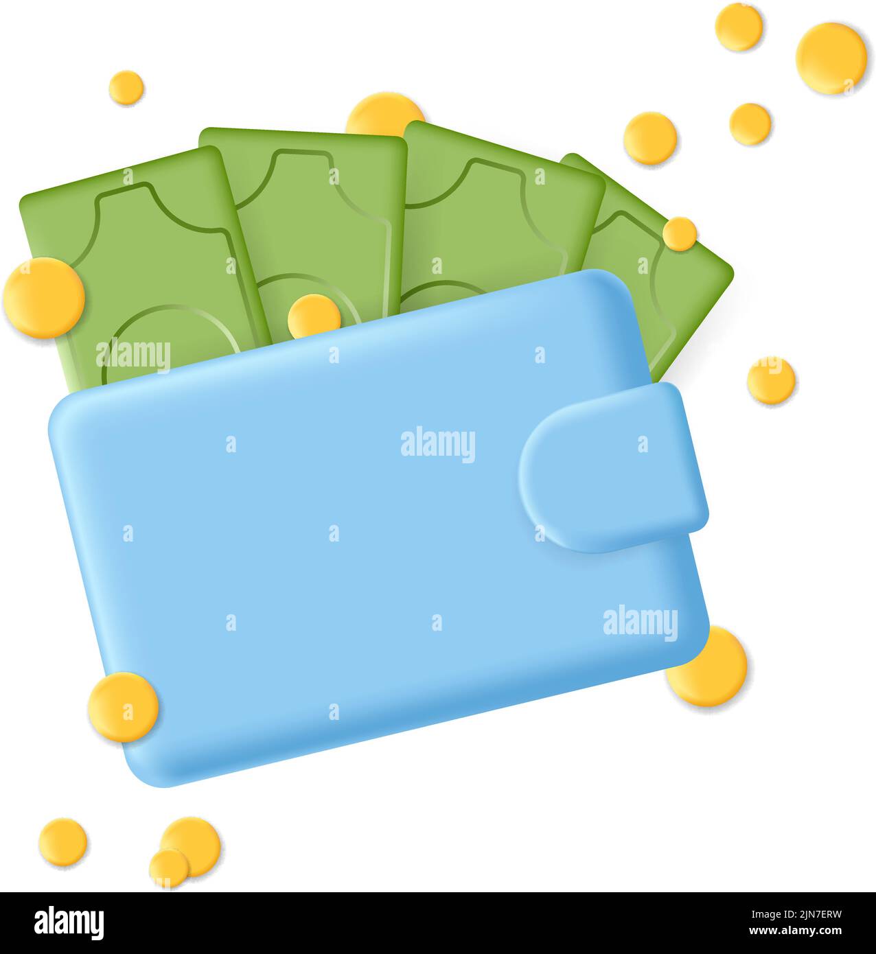 Purse money wallet 3d icon. Creative financial blue wallet with coins and paper green dollars isolated on white. Vector payment pocket illustration Stock Vector