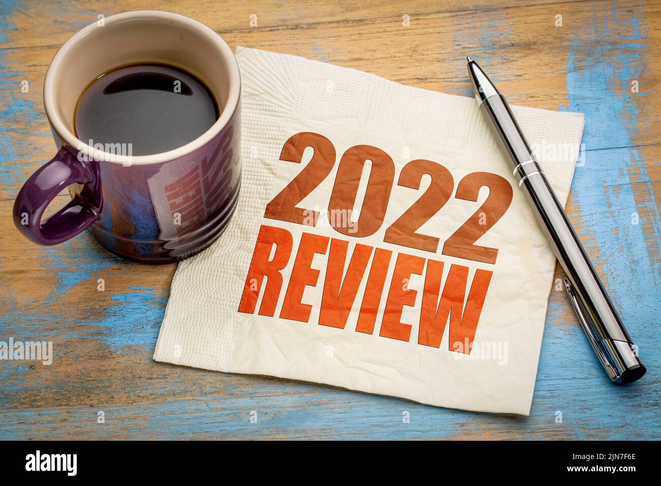 2022 review - word abstract on a napkin with coffee, business report ...