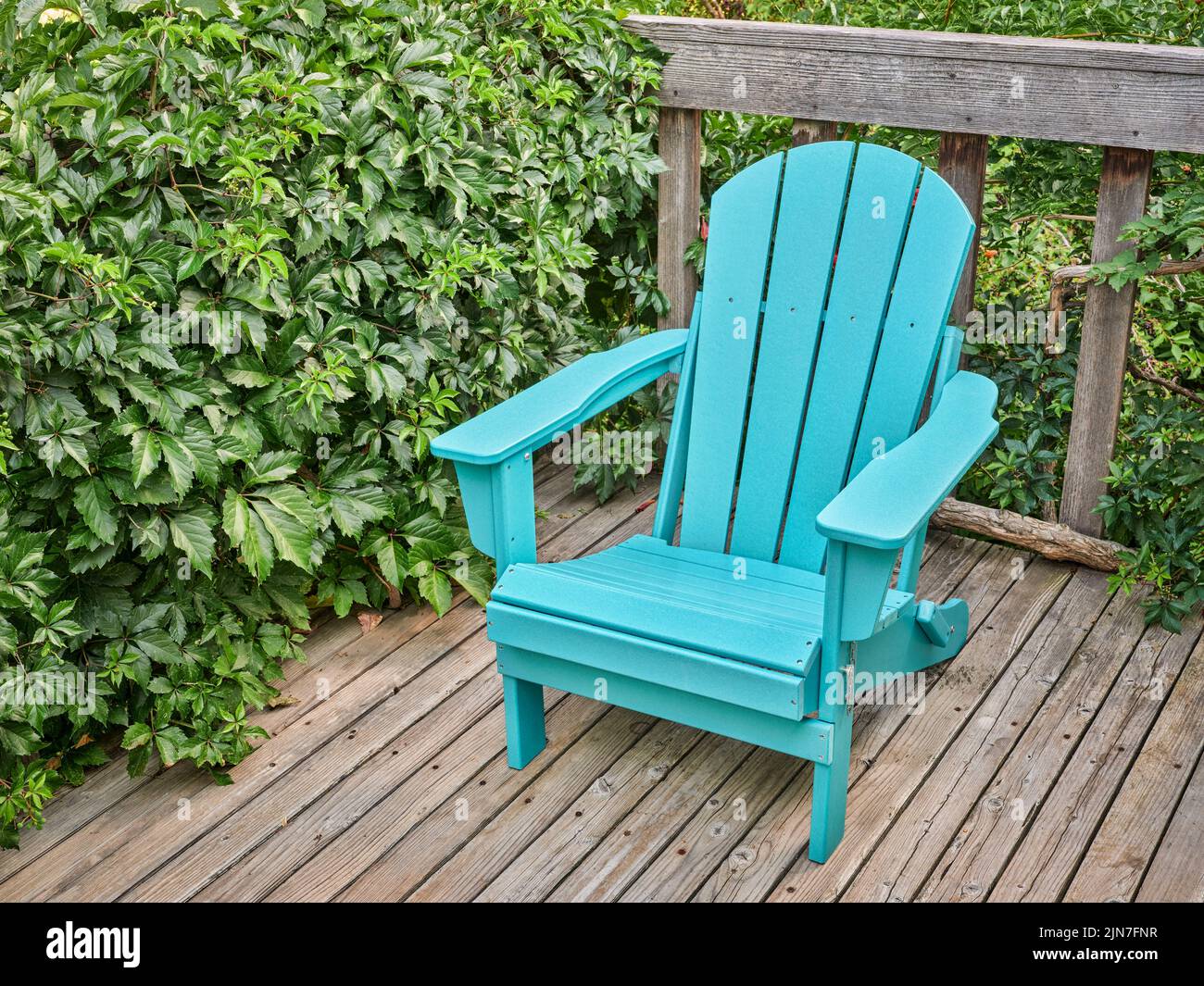 empty Adirondack chair on a wooden backyard deck, summer scenery in COlorado Stock Photo
