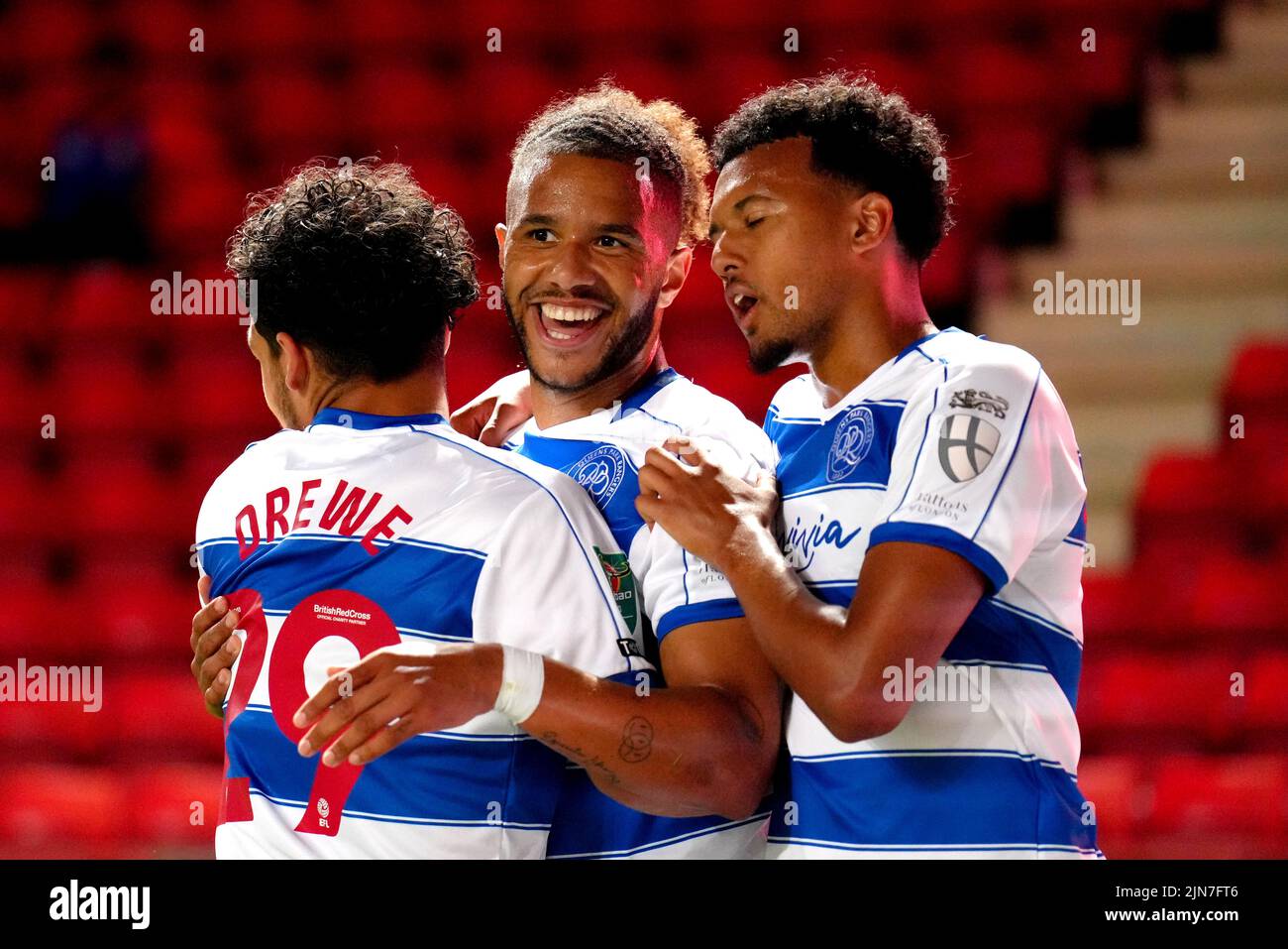 Queens Park Rangers' Tyler Roberts (centre) celebrates scoring their side's first goal of the game during the Carabao Cup, first round match at The Valley, London. Picture date: Tuesday August 9, 2022. Stock Photo