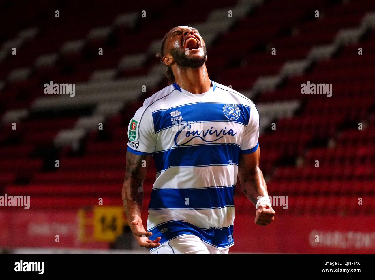 Queens Park Rangers' Tyler Roberts celebrates scoring their side's first goal of the game during the Carabao Cup, first round match at The Valley, London. Picture date: Tuesday August 9, 2022. Stock Photo
