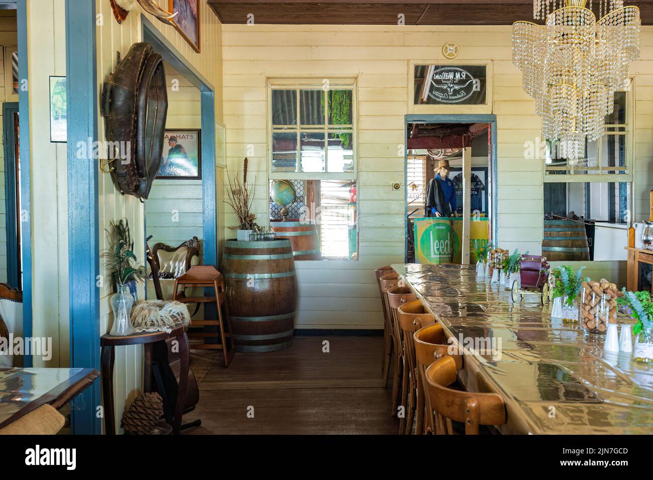 Interior of the Prairie Hotel, a renowned old Outback pub at Prairie, Queensland, QLD, Australia Stock Photo