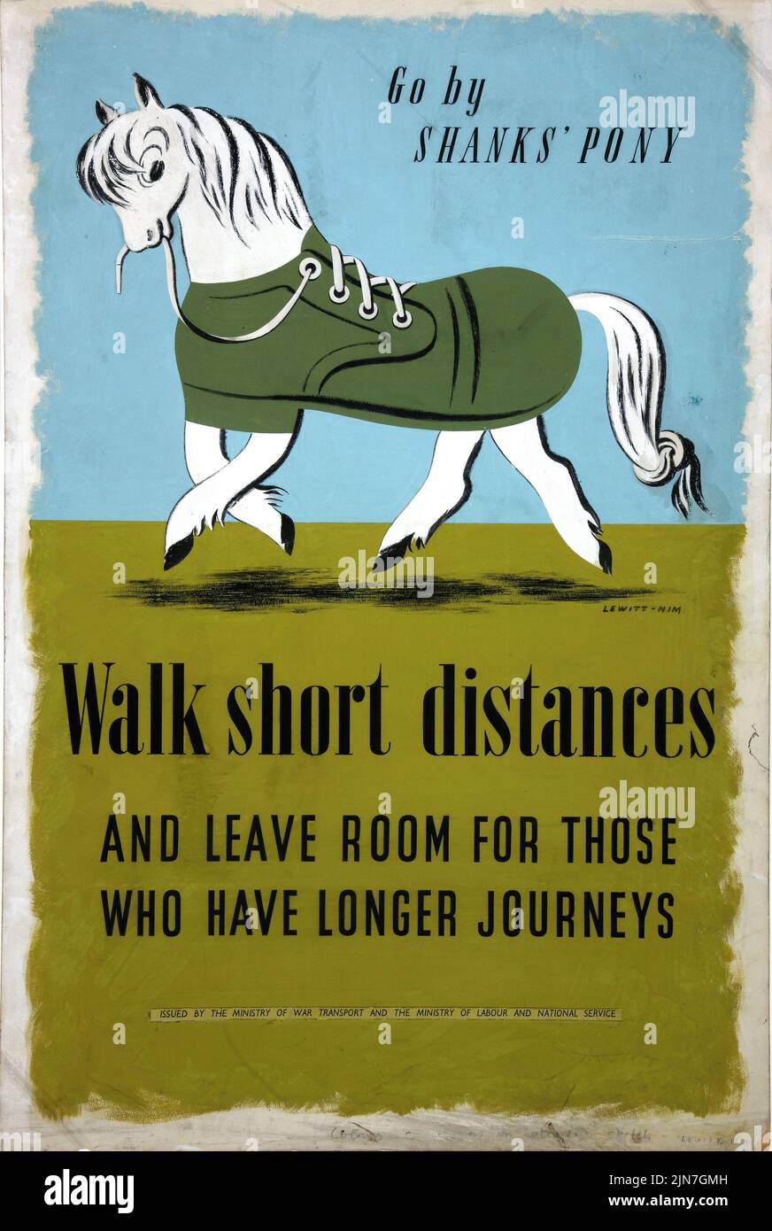 Go by Shanks’ Pony. Walk short distances and leave room for those who have longer journeys (1939 - 1946) British World War II era poster by Jan Le Witt Stock Photo