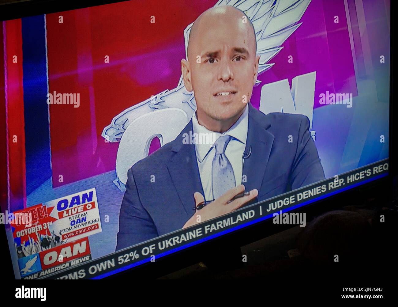 Host Pearson Sharp on OAN on Tuesday, July 26, 2022 talks about the future of the channel as Verizon Fios has announced that it is dropping it as of July 31. The ultra-conservative channel which promoted MAGA, Trump and far-right conspiracies has already been dropped by DirecTV.  (© Richard B. Levine) Stock Photo
