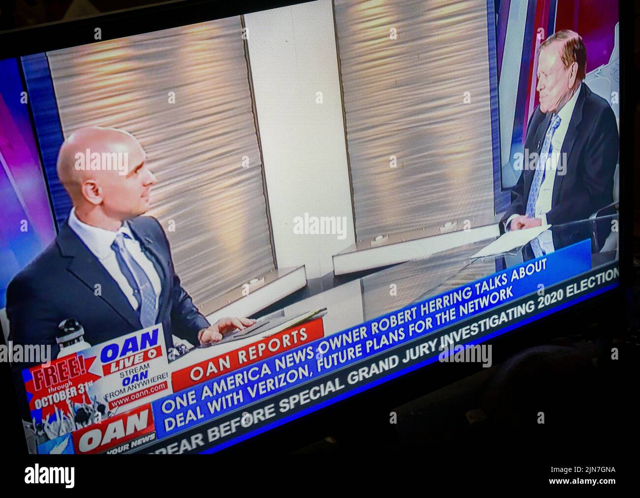 Robert Herring, right,, the owner of the One America News (OAN) channel is interviewed by host Pearson Sharp on OAN on Tuesday, July 26, 2022 about the future of the channel as Verizon Fios has announced that it is dropping it as of July 31. The ultra-conservative channel which promoted MAGA, Trump and far-right conspiracies has already been dropped by DirecTV.  (© Richard B. Levine) Stock Photo