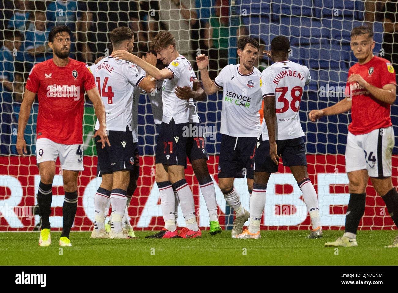 Bolton, UK. 9th August, 2022. Goal 4-1Dapo Afolayan (17) of Bolton Wanderers celebrates his goal with team-mates during the Carabao Cup match between Bolton Wanderers and Salford City at the University of Bolton Stadium, Bolton on Tuesday 9th August 2022. (Credit: Mike Morese | MI News) during the Carabao Cup match between Bolton Wanderers and Salford City at the University of Bolton Stadium, Bolton on Tuesday 9th August 2022. (Credit: Mike Morese | MI News) Credit: MI News & Sport /Alamy Live News Stock Photo