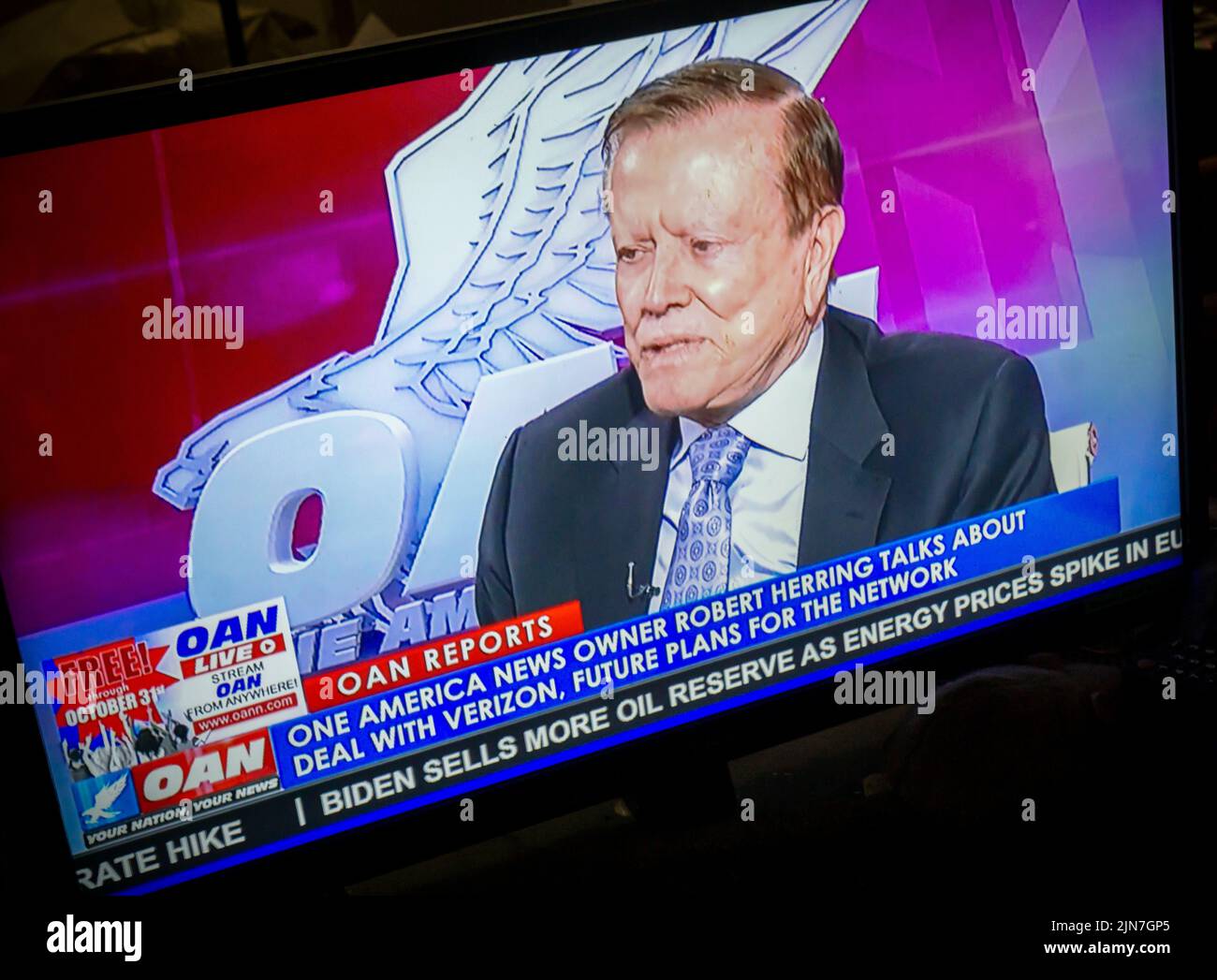 Robert Herring, the owner of the One America News (OAN) channel is interviewed on OAN on Tuesday, July 26, 2022 about the future of the channel as Verizon Fios has announced that it is dropping it as of July 31. The ultra-conservative channel which promoted MAGA, Trump and far-right conspiracies has already been dropped by DirecTV.  (© Richard B. Levine) Stock Photo