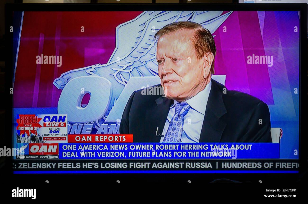 Robert Herring, the owner of the One America News (OAN) channel is interviewed on OAN on Tuesday, July 26, 2022 about the future of the channel as Verizon Fios has announced that it is dropping it as of July 31. The ultra-conservative channel which promoted MAGA, Trump and far-right conspiracies has already been dropped by DirecTV.  (© Richard B. Levine) Stock Photo