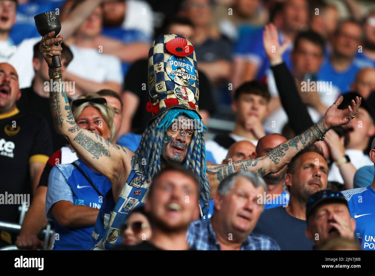 Cardiff, UK. 09th Aug, 2022. Portsmouth fans. EFL Carabao cup round 1 match, Cardiff city v Portsmouth at the Cardiff City Stadium in Cardiff, Wales on Tuesday 9th August 2022. this image may only be used for Editorial purposes. Editorial use only, license required for commercial use. No use in betting, games or a single club/league/player publications. pic by Andrew Orchard/Andrew Orchard sports photography/Alamy Live news Credit: Andrew Orchard sports photography/Alamy Live News Stock Photo
