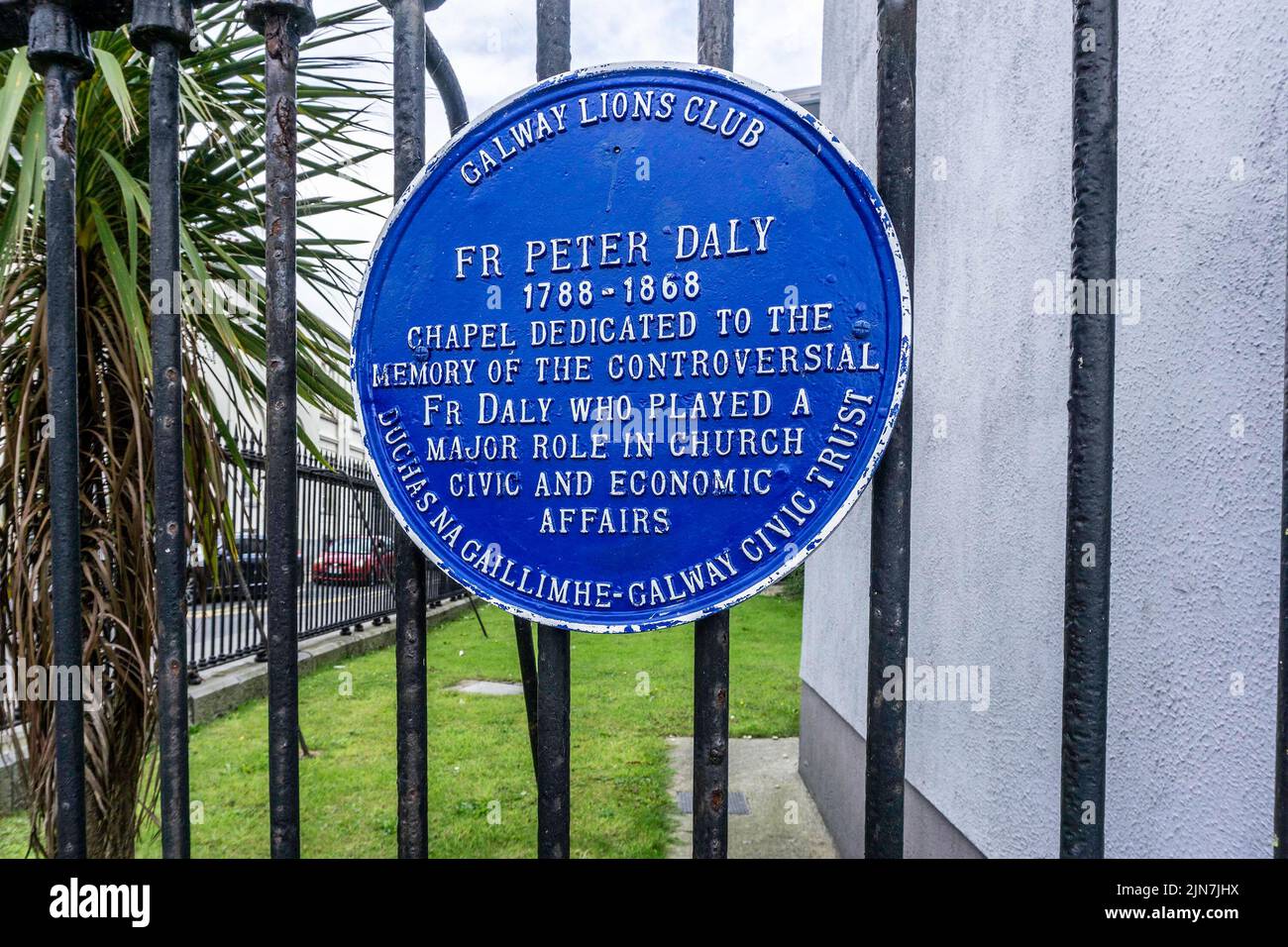 The plaque dedicated to Fr. Peter Daly, a Catholic Priest, in Galway City, church administrator, town leader, local landlord, and controversial figure Stock Photo