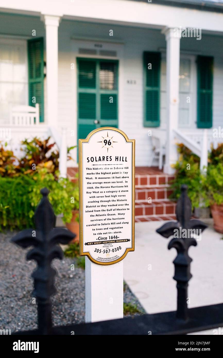 Historical marker #96 for Solares Hill in Key West, Florida, FL, USA.  Highest point in Key West at 18 feet above sea level Stock Photo
