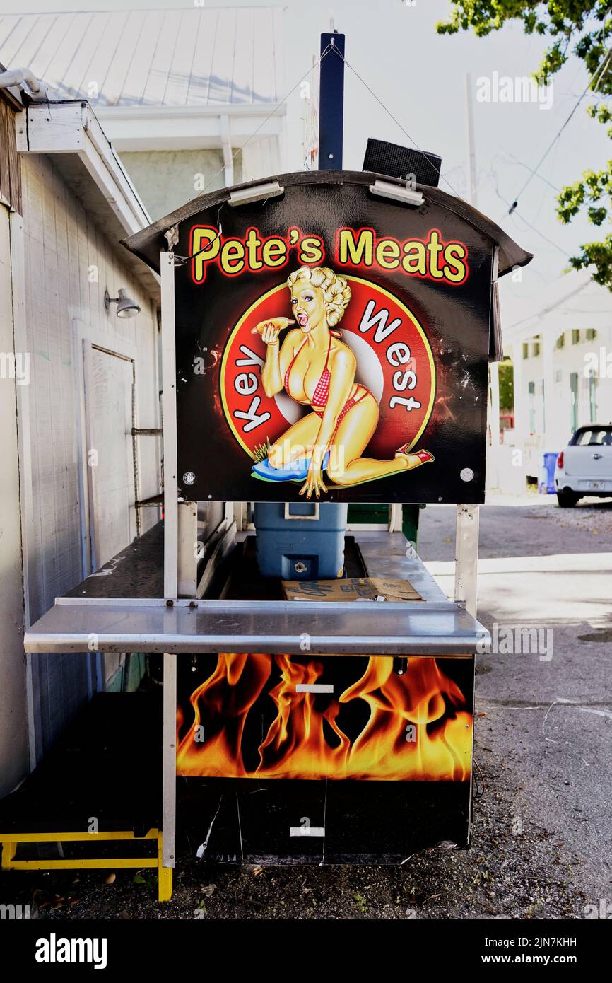 Pete's Meats food cart parked in alley in Key West, Florida, FL, USA Stock Photo