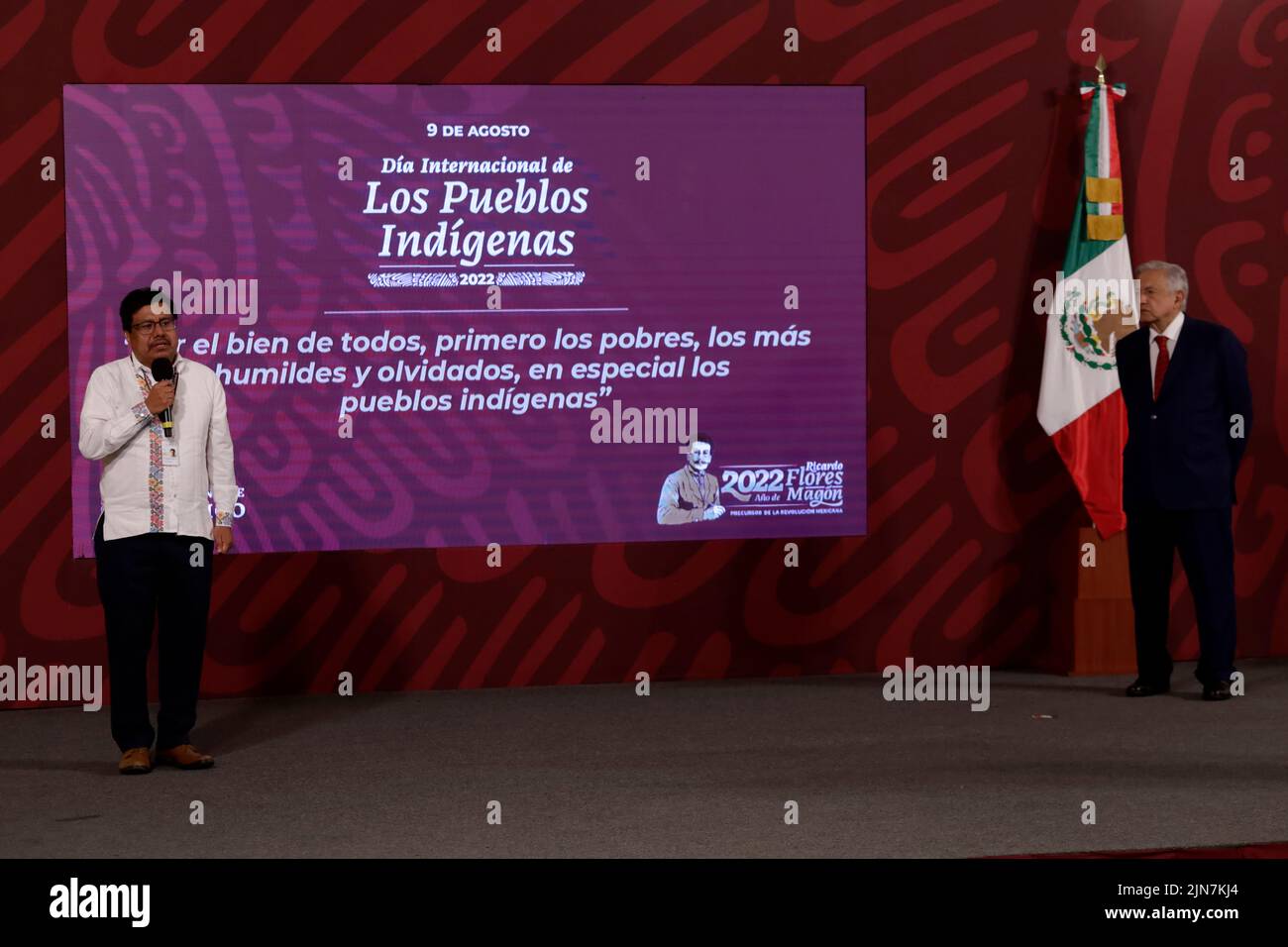 Mexico City, Mexico City, Mexico. 9th Aug, 2022. August 9, 2022, Mexico City, Mexico: Mexico's President Andres Manuel Lopez Obrador and The director of the National Institute of Indigenous Peoples, Adelfo Regino Montes, on the International Day of Indigenous Peoples during Mexican President Lopez Obrador daily press conference at the National Palace in Mexico City, Mexico. on August 9, 2022 in Mexico City, Mexico. (Credit Image: © Luis Barron/eyepix via ZUMA Press Wire) Credit: ZUMA Press, Inc./Alamy Live News Stock Photo