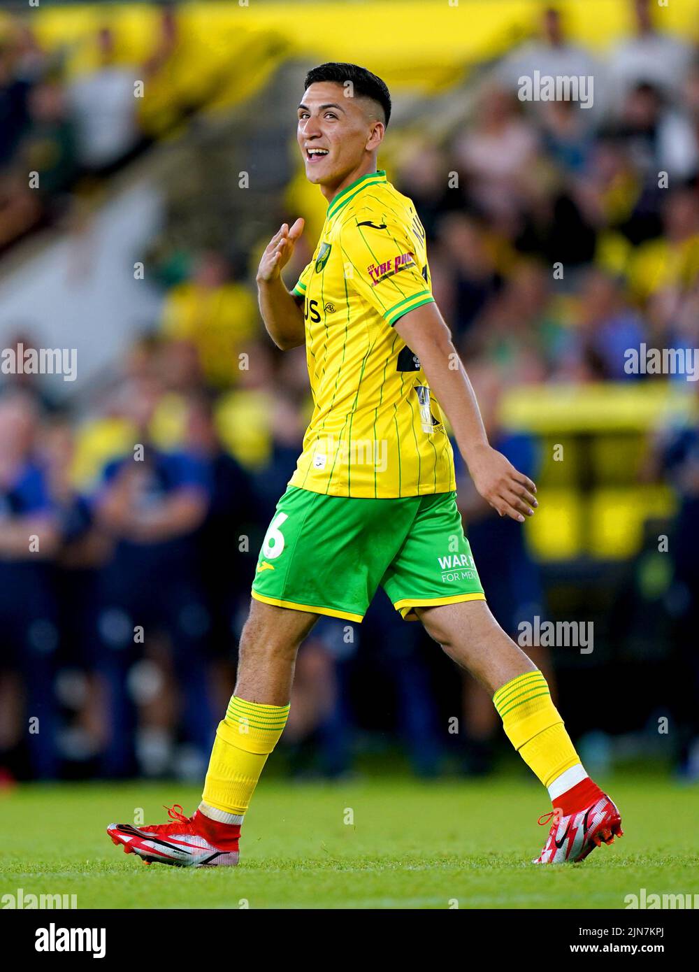 Norwich City's Marcelino Nunez reacts after scoring a penalty during the penalty shoot out of the Carabao Cup, first round match at Carrow Road, Norwich. Picture date: Tuesday August 9, 2022. Stock Photo