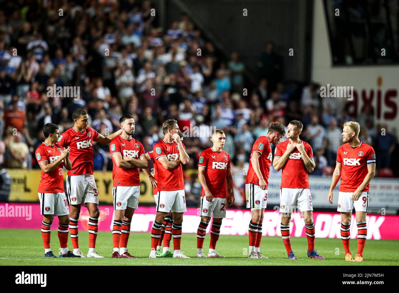 The Valley, London on Tuesday 9th August 2022. The Charlton Athletic line up in the penalty shoot out during the Carabao Cup match between Charlton Athletic and Queens Park Rangers at The Valley, London on Tuesday 9th August 2022. (Credit: Tom West | MI News) Credit: MI News & Sport /Alamy Live News Stock Photo