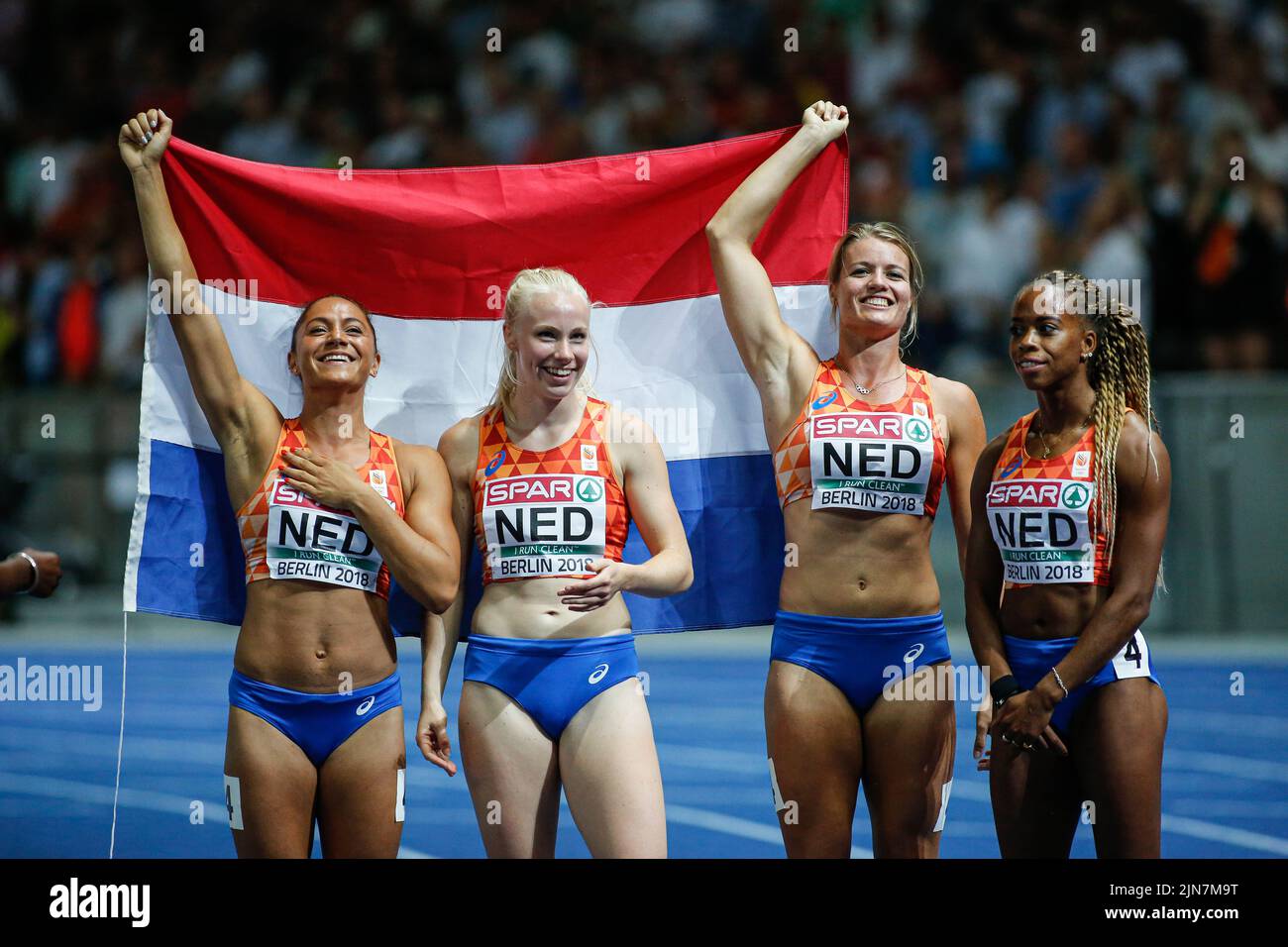 4x100 relay girls from the Netherlands at the European Athletics Championships in Berlin 2018. Stock Photo