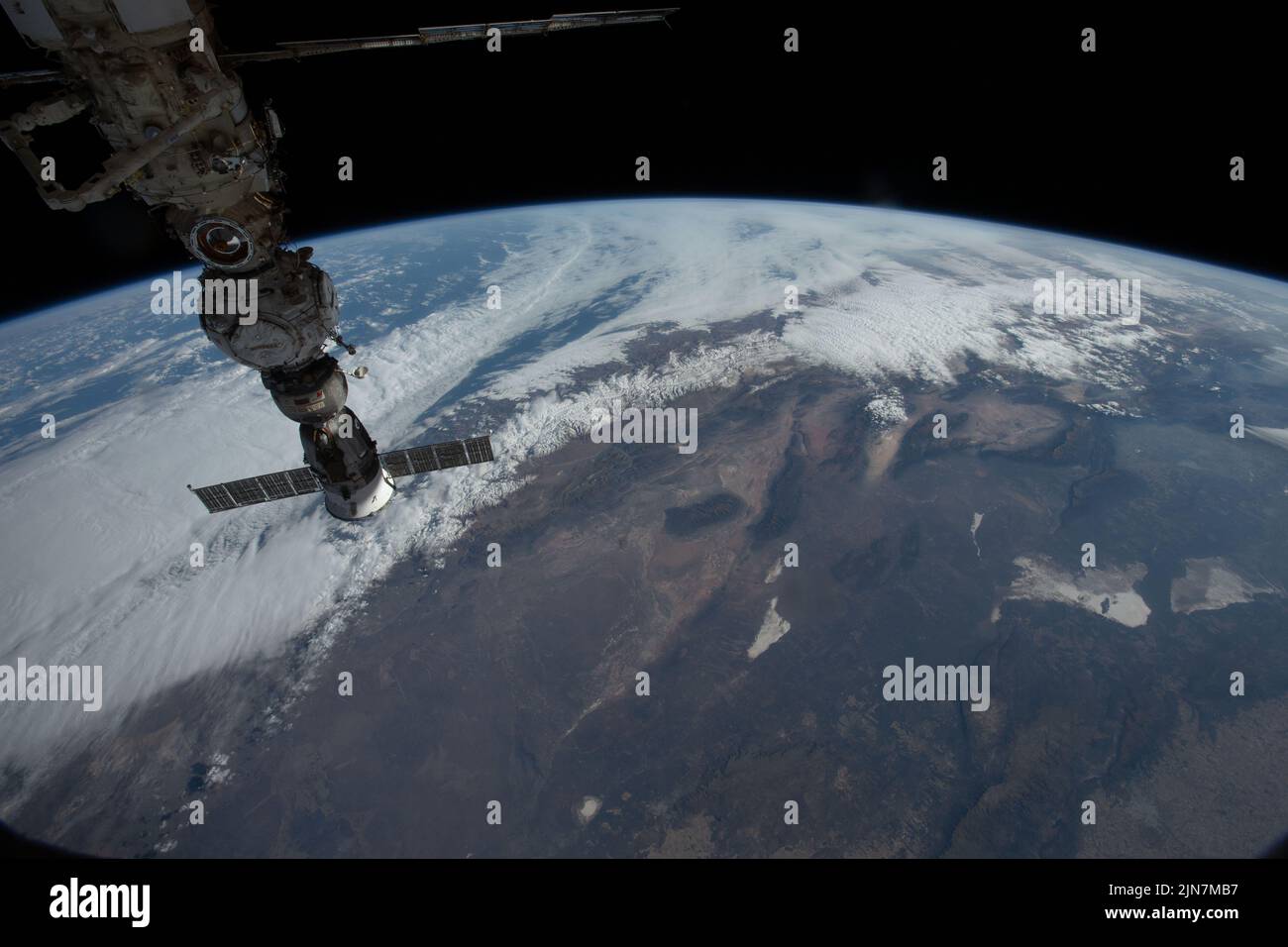 Earth Atmosphere. 9th July, 2022. Central Argentina is pictured from the International Space Station as it orbited 267 miles above the South American nation. At top left (from bottom to top), is the Soyuz MS-21 crew ship docked to the Prichal docking module, which is itself attached to the Nauka multipurpose laboratory module. Credit: NASA/ZUMA Press Wire Service/ZUMAPRESS.com/Alamy Live News Stock Photo