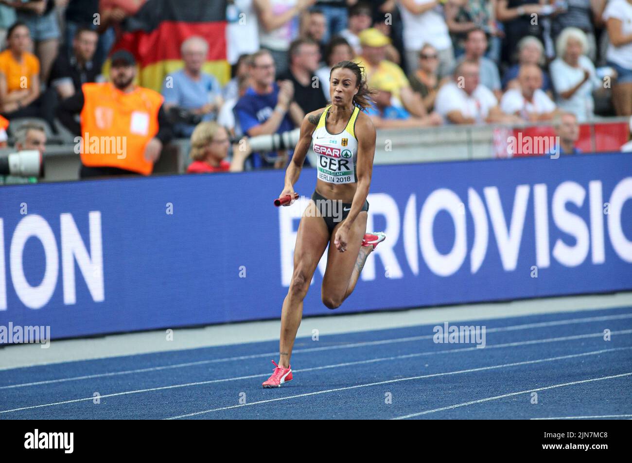Tatjana Pinto participating in the 4x100 meter relay at the European