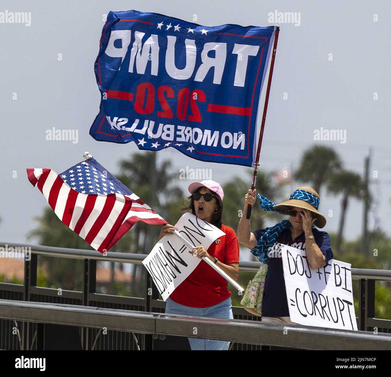 Palm Beach, United States. 09th Aug, 2022. Trump supporters protest on Tuesday across from Mar-A-Lago in Palm Beach on August 9, 2022. The FBI executed a search warrant on Monday looking for documents taken from the White House by former President Donald Trumpet the end of his presidency. Photo By Gary I Rothstein/UPI Credit: UPI/Alamy Live News Stock Photo
