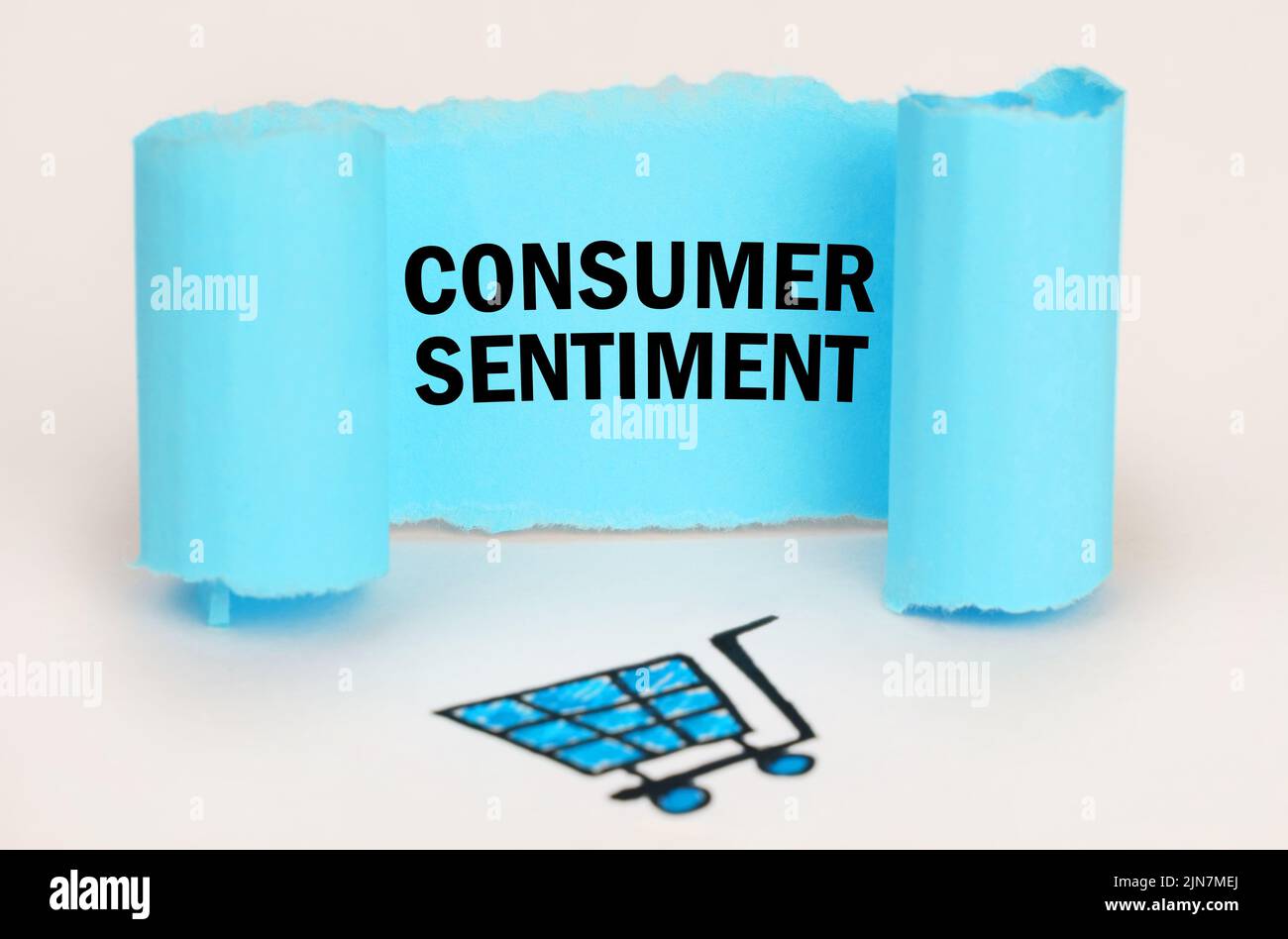 Seller and buyer concept. A consumer basket is drawn on a white background, next to it is a blue plate with the inscription - Consumer Sentiment Stock Photo