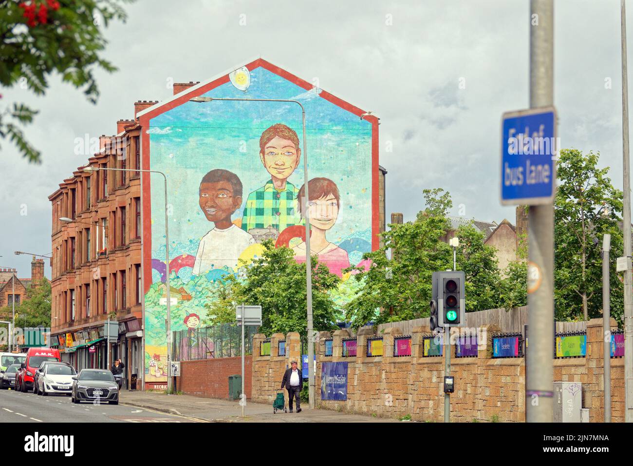 multicultural mural in Maryhill Road in Glasgow, Scotland, UK Stock