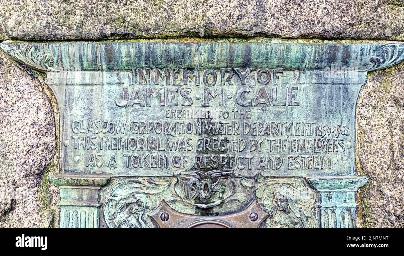 Milngavie water treatment works Milngavie,plaque James Morris Gale memorial Glasgow, Scotland
